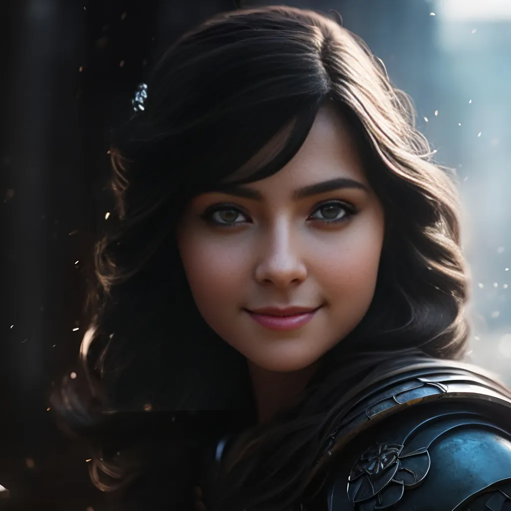 Prompt: she has black hair, create most beautiful fictional female princess viking warrior, hopeful smile, black hair, light blue eyes, extremely detailed environment, detailed background, intricate, detailed skin, professionally color graded, photorealism, 8k, moody lighting