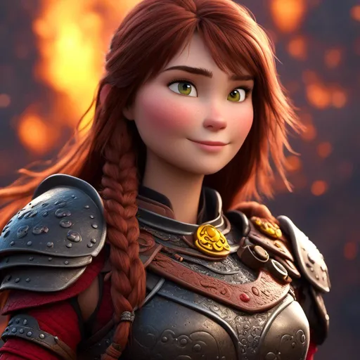 Prompt: <mymodel>CGI Animation of a viking female, brown hair, hazel eyes, bright red gear and armor, yellow highlights and textures, intricate details, high quality, digital painting, cool tones, dramatic lighting