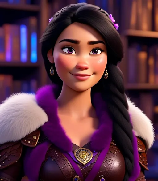 Prompt: <mymodel>CGI Animation, digital art, 20-year-old-old viking woman with light blue eyes, she is standing in her library, she is of royalty, {{black gear, purple armor}}, black hair with purple strands, single braid down her shoulder with a tiara, subtle smile, unreal engine 8k octane, 3d lighting, close up camera shot on the face, full armor