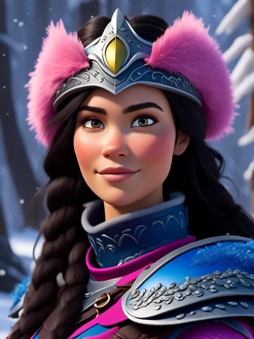 Prompt: <mymodel>CGI Animation, close-up portrait of the face, 20-year-old-old viking woman of royalty standing in the forest, a snowy scene, {{pink gear, blue armor}}, black hair, straight hair with a tiara, subtle smile, unreal engine 8k octane, 3d lighting, close up camera shot on the face, full armor