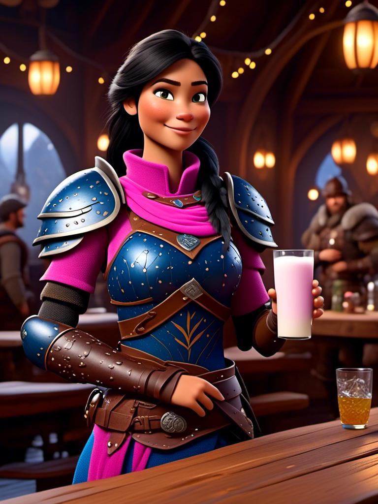 Prompt: <mymodel>CGI Animation, digital art, 20-year-old-old viking woman of royalty standing a busy tavern having a drink of milk, {{pink gear, blue armor}}, black hair, straight hair with a tiara, subtle smile, unreal engine 8k octane, 3d lighting, close up camera shot on the face, full armor