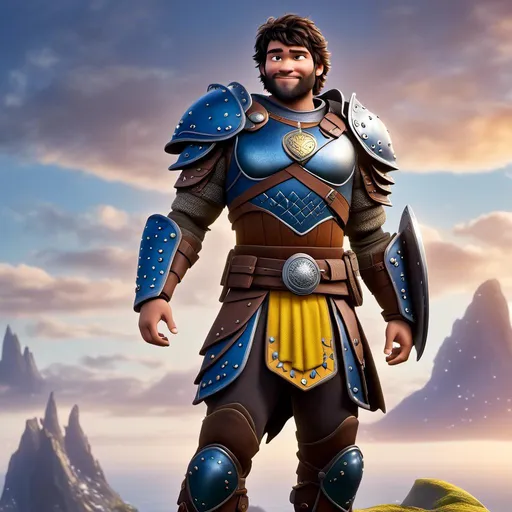 Prompt: <mymodel>Animated CGI style of a fierce ((Caucasian Viking male)) with medium length wavy black hair, joyous gaze, yellow gear and blue armor, realistic clothing textures, high quality, CGI, realistic, viking, male, Caucasian, detailed facial features, highres, professional, intense lighting