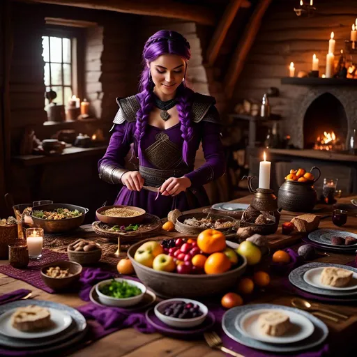 Prompt: Photo of <mymodel> setting the supper table with food prepared for two in her viking house