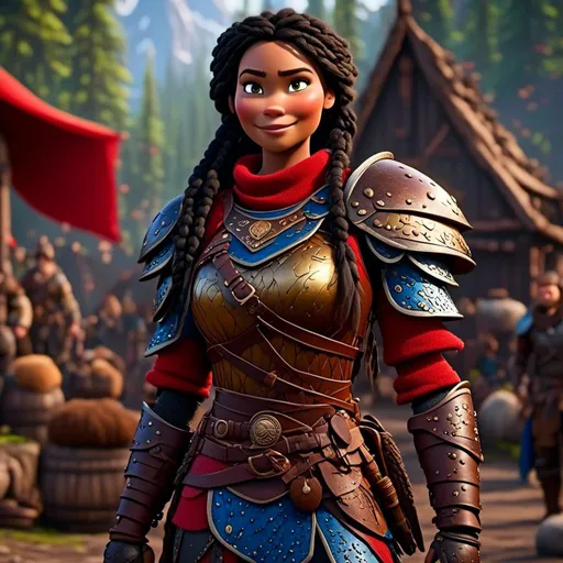 Prompt: <mymodel>CGi Animation, 25-year-old viking woman warrior with brown eyes, in a viking village, the viking woman has a subtle smile, black dreadlocks and braids in her hair, she has red gear, gold armor with bursts of blue textured splotches, black pants, black boots