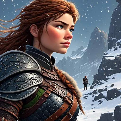 Prompt: <mymodel>digital art style of a fierce viking female warrior, detailed braided hair and battle scars, rugged and weathered armor, intense and determined gaze, snowy and rugged landscape, , fierce, warrior, detailed hair, battle scars, snowy landscape, intense gaze, weathered armor, dramatic lighting