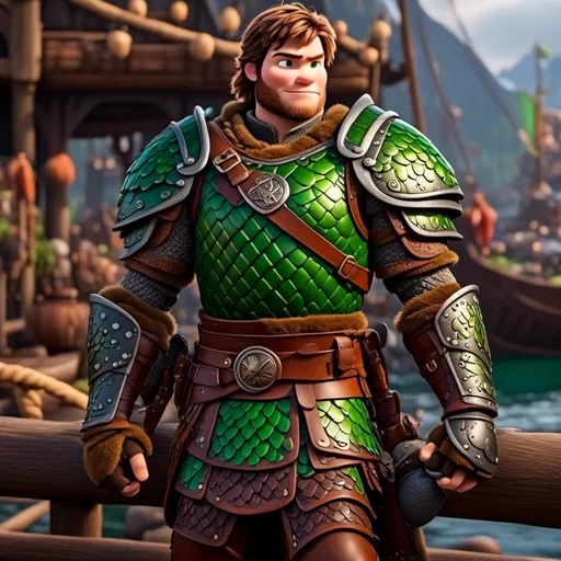 Prompt: <mymodel>Male viking warrior, standing on the viking docks, ((green dragon)), short brown hair, green eyes, green armor, brown gear, brown pants, brown boots, historical, strong and natural lighting