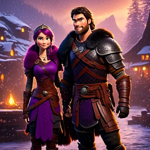 Prompt: <mymodel>{{{{Annabeth has gold armor and black gear}}}}, Photo of  standing in a viking village during heavy rain fall with his wife Annabeth, Annabeth is slightly shorter and has purple hair with a single hair braid down her shoulder, they are both in their early 30s, they are both wearing fur capes and fur hoods to keep warm