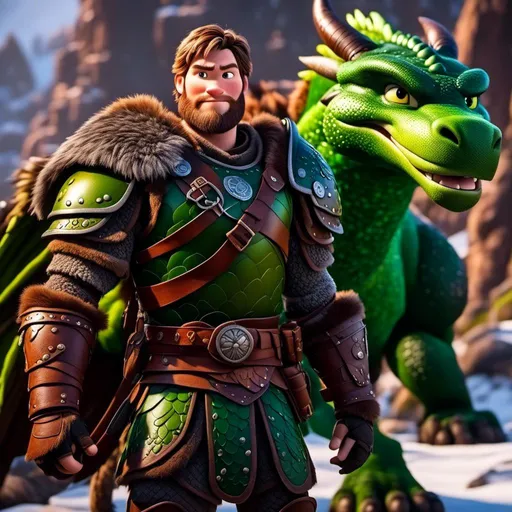 Prompt: <mymodel>Male viking warrior, thin and light muscle build, there is a large green dragon next to him, the male viking is petting his green dragon, short brown hair, green eyes, green armor, brown gear, brown pants, brown boots, historical, strong and natural lighting