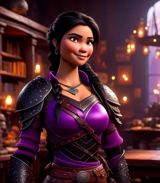 Prompt: <mymodel>CGI Animation, digital art, 20-year-old-old viking woman with light blue eyes, she is standing in her library, she is of royalty, {{black gear, purple armor}}, black hair with purple strands, single braid down her shoulder with a tiara, subtle smile, unreal engine 8k octane, 3d lighting, close up camera shot on the face, full armor