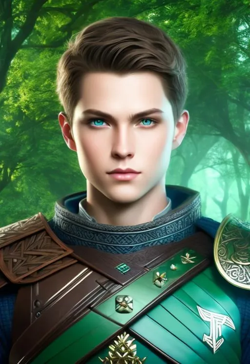 Prompt: he has short brown hair, create most handsome fictional male prince viking warrior, short brown hair, light green eyes, extremely detailed environment, detailed background, intricate, detailed skin, professionally color graded, photorealism, 16k, moody lighting