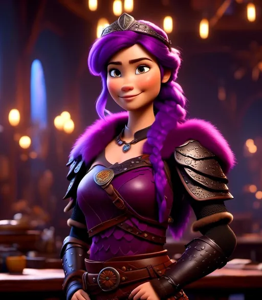 Prompt: <mymodel>CGI Animation, digital art, 20-year-old-old viking woman with light blue eyes, she is standing in her library, she is of royalty, {{black gear, purple armor}}, purple hair, single braid down her shoulder with a tiara, subtle smile, unreal engine 8k octane, 3d lighting, close up camera shot on the face, full armor