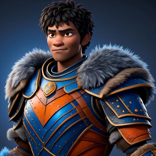 Prompt: <mymodel>Animated CGI style of a kind Viking male scholar with black hair, thoughtful gaze, realistic blue armor with bursts of orange textures, high quality, fur textures, highres, professional, intense lighting