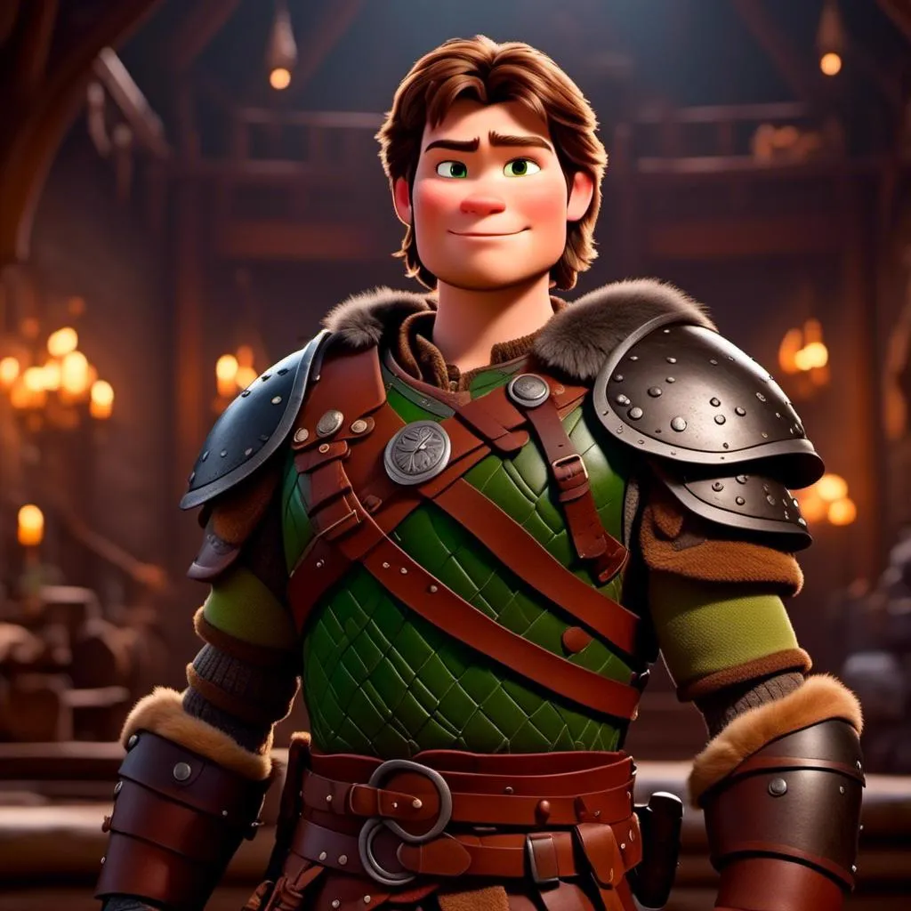 Prompt: <mymodel> viking man, lawyer, thin, small stature, standing in The Great Hall, medium length brown hair, brown eyes, no armor, European-like brown gear, brown leather vest, long sleeve green shirt underneath the brown leather vest, black highlights on his clothes, brown pants, brown boots, historical, strong and natural lighting