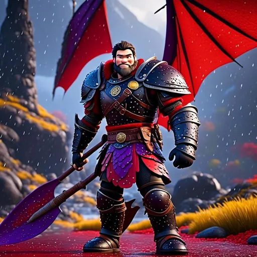 Prompt: <mymodel>CGi Animation, 20-year-old viking man with blue eyes, a rainy scene, the viking man has a subtle smile, black hair, he has red gear, yellow armor with bursts of purple splotches, black pants, black boots, he is standing next to a bright red dragon with purple highlights, they are both in the rain