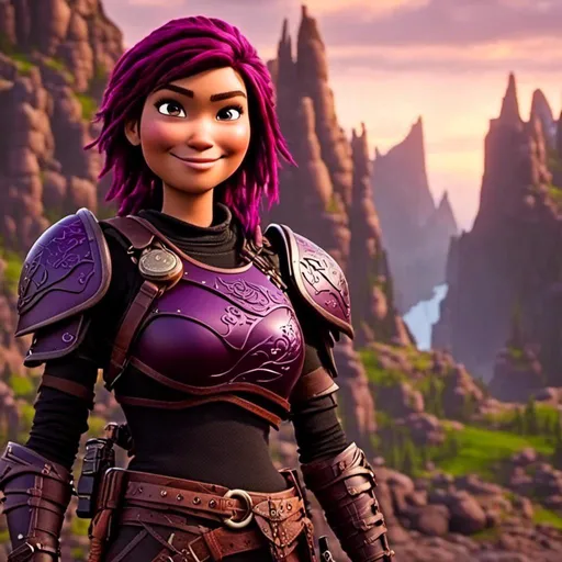 Prompt: <mymodel>CGi Animation, 25-year-old viking woman, purple hair, one braid, caucasian, subtle smile, light blue eyes, black gear, bright purple armor, black textures and highlights, unreal engine 8k octane, 3d lighting, full body, full armor