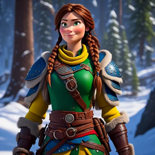 Prompt: <mymodel>CGI Animation, 20-year-old-old pirate woman, a snowy scene, {{yellow gear, blue armor}}, brunette hair, dreadlocks, subtle smile, beads hair, small red earrings, multiple braids, yellow gear, straight hair, green eyes, bracelets, rings on fingers, mercenary gear, unreal engine 8k octane, 3d lighting, close up camera shot on the face, full armor