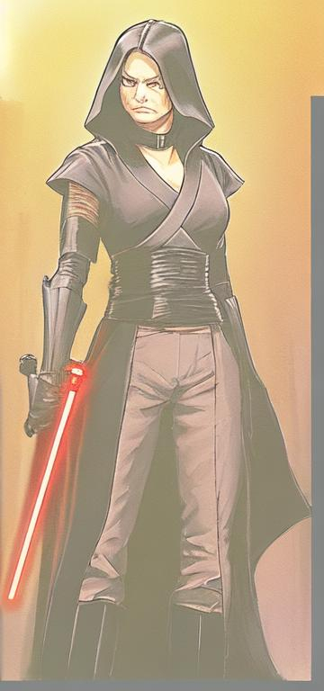 Prompt: A woman sith lord, black medium-length hair, black short sleeve shirt, black vest past waist, black belt, black pants, black boots, two lightsabers one red one light pink