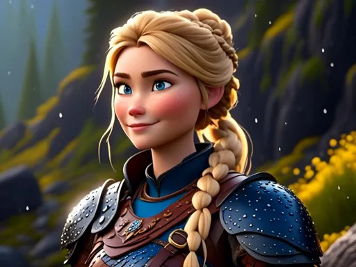 Prompt: <mymodel>CGi Animation, 20-year-old viking woman with blue eyes, she is wearing a tiara, a rainy scene, she is sitting on a boulder in a forest, the viking woman has a subtle smile with it pouring down rain, blonde hair in a ponytail style, she has blue gear, gold armor, black pants, black boots