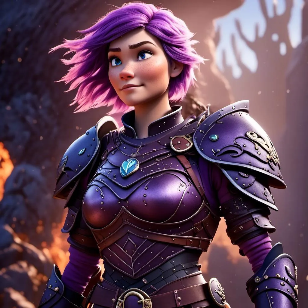 Prompt: <mymodel>CGI Animation of a viking female, purple hair, purple and black gear and armor, intricate details, high quality, digital painting, cool tones, dramatic lighting