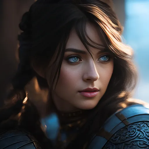 Prompt: she has black hair draped over shoulder, create most beautiful fictional female viking princess warrior, black hair, light blue eyes, extremely detailed environment, detailed background, intricate, detailed skin, professionally color graded, photorealism, 8k, moody lighting