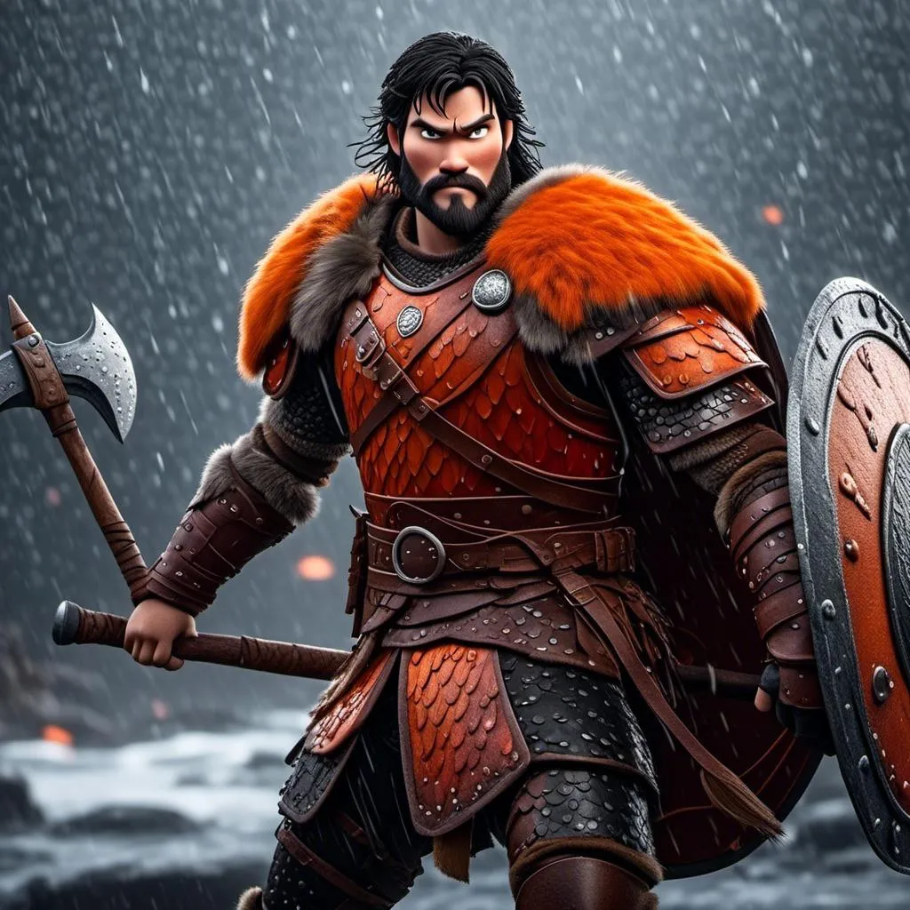 Prompt: <mymodel>Animated CGI style of a fierce Viking male about 25 years old, black hair, detailed facial features, leather armor {{((red))}} and orange armor, battle axe and shield, standing in the rain, intense and determined expression, dynamic and powerful pose, CGI, fierce male, Nordic designs, battle-ready, dynamic pose, professional lighting