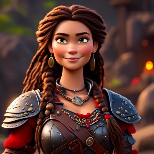 Prompt: <mymodel>CGI Animation, 20-year-old-old pirate woman, head is in rhe shape of an oval, {{brown gear, silver armor}}, brunette hair, dreadlocks, subtle smile, beads hair, small red earrings, multiple braids, straight hair, blue eyes, bracelets, rings on fingers, mercenary gear, unreal engine 8k octane, 3d lighting, full body, full armor