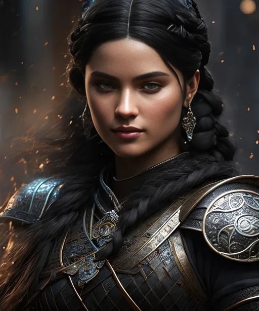 Prompt: she has black hair, create most beautiful fictional female viking princess warrior, black hair, extremely detailed environment, detailed background, intricate, detailed skin, professionally color graded, photorealism, 16k, moody lighting