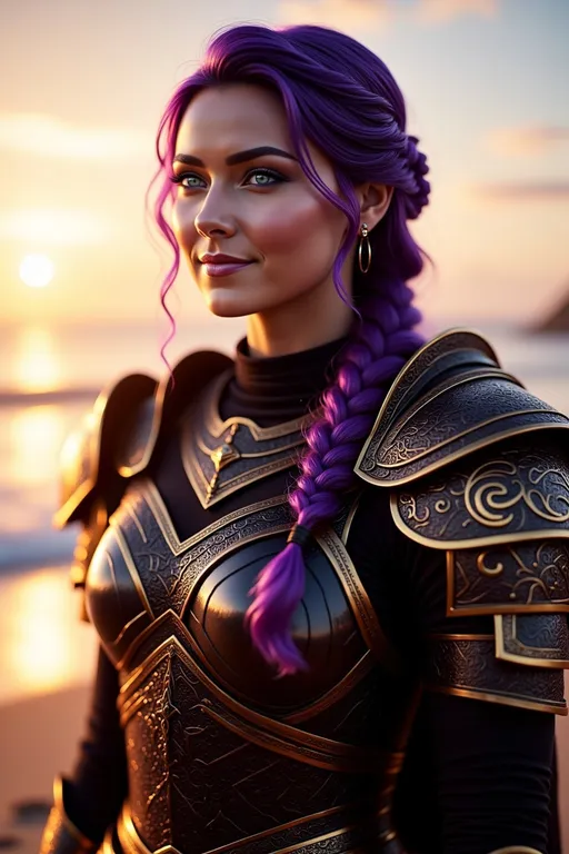 Prompt: @C72u67yvJzRwgpKerHtg digital art, 20-year-old-old viking woman with light blue eyes, black gear, gold armor, she is overjoyed, purple hair with purple strands, standing on the beach at sunset, single braid down her shoulder, unreal engine 16k octane, 3d lighting, full armor