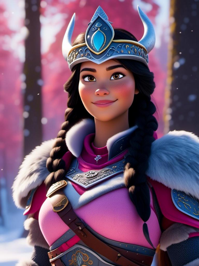 Prompt: <mymodel>CGI Animation, close-up portrait of the face, 20-year-old-old viking woman of royalty standing in the forest, a snowy scene, {{pink gear, blue armor}}, black hair, straight hair with a tiara, subtle smile, unreal engine 8k octane, 3d lighting, close up camera shot on the face, full armor