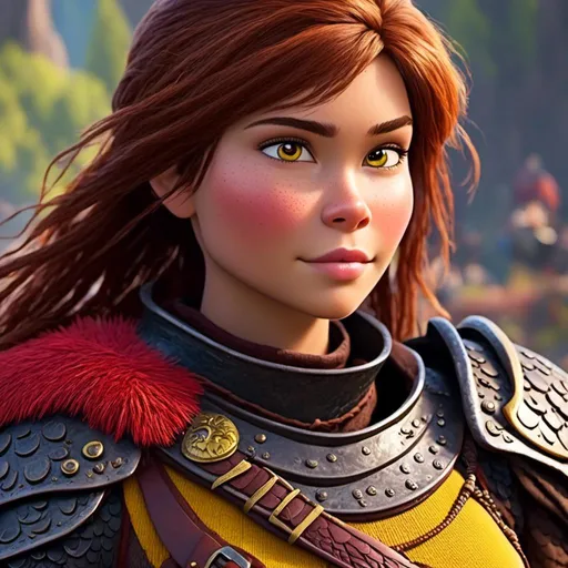 Prompt: <mymodel>CGI Animation of a viking female, brown hair, hazel eyes, bright red gear and armor, yellow highlights and textures, standing in a viking village, intricate details, high quality, digital painting, cool tones, dramatic lighting