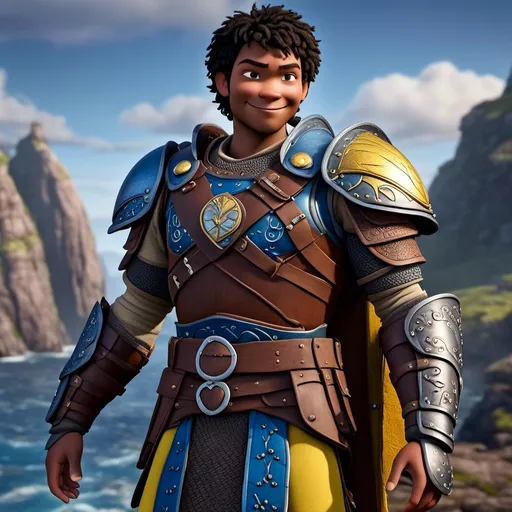 Prompt: <mymodel>Animated CGI style of a fierce ((Caucasian Viking male)) with medium length wavy black hair, joyous gaze, yellow gear and blue armor, realistic clothing textures, high quality, CGI, realistic, viking, male, Caucasian, detailed facial features, highres, professional, intense lighting
