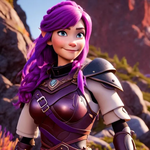 Prompt: <mymodel>CGi Animation, 20-year-old viking woman with one hair braid, caucasian, subtle smile, purple hair, light blue eyes, {{black gear, purple armor}}, white textures and highlights, unreal engine 8k octane, 3d lighting, full body, full armor