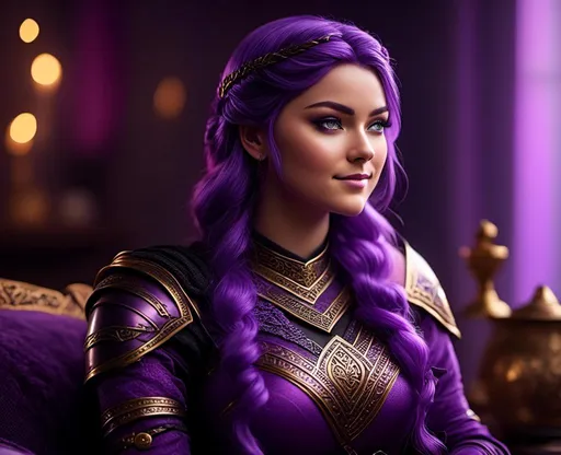 Prompt: <mymodel>CGI Animation, digital art, 20-year-old-old viking woman with light blue eyes, lying down on the couch in the living room, {{black gear, purple armor}}, purple hair with purple strands, single braid down her shoulder with a tiara, subtle smile, unreal engine 8k octane, 3d lighting, close up camera shot on the face, full armor
