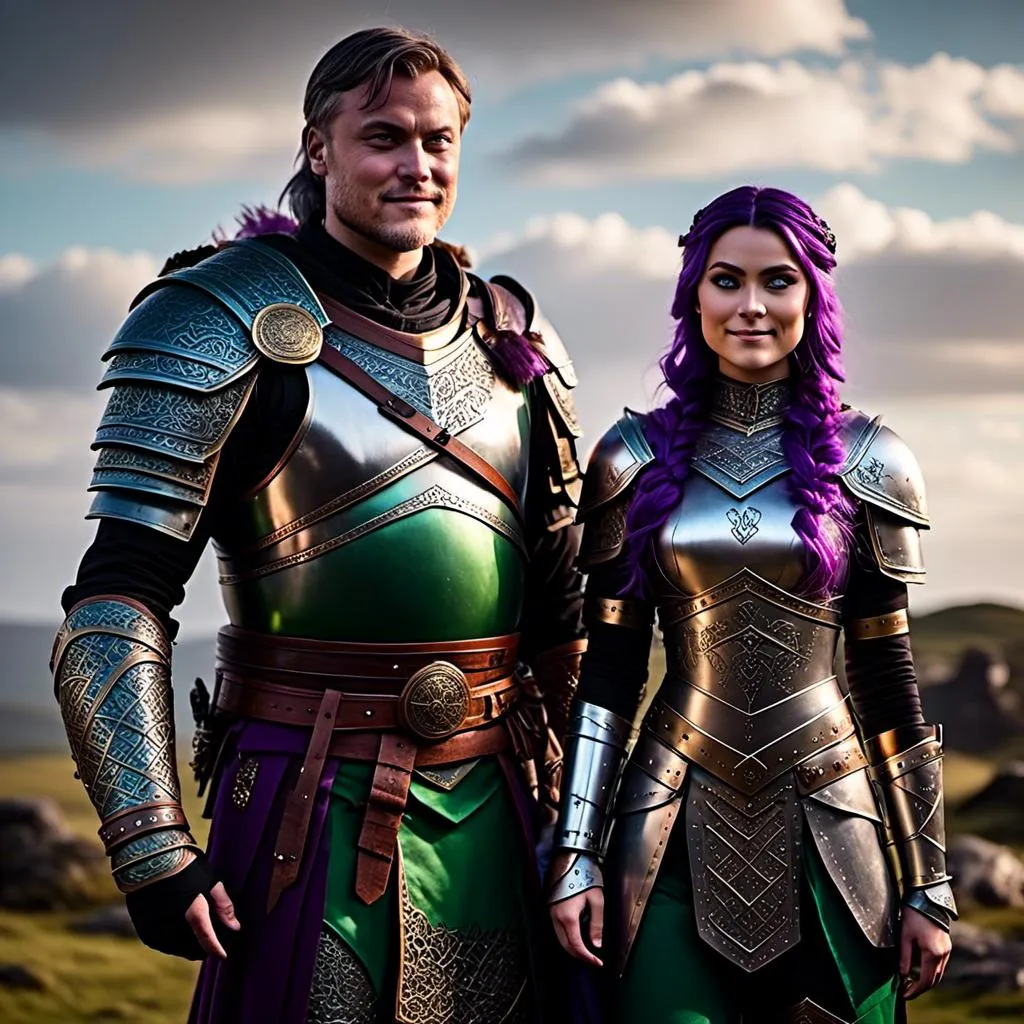 Prompt: Photo of <mymodel> standing next to her husband Jarl Mollerson who has green gear and silver armor