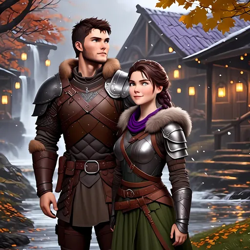 Prompt: <mymodel>{{{{Annabeth has gold armor and black gear}}}}, Photo of  standing in a viking village during heavy rain fall with his wife Annabeth, Annabeth is slightly shorter and has purple hair with a single hair braid down her shoulder, they are both in their early 30s, they are both wearing fur capes and fur hoods to keep warm