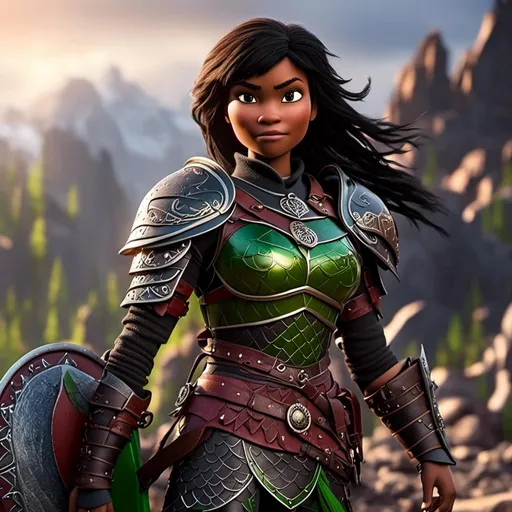 Prompt: <mymodel>Animated CGI style of a fierce Caucasian white Viking female about 25 years old, black hair, detailed facial features, leather armor ((red)) and green armor, battle axe and shield, intense and determined expression, dynamic and powerful pose, high definition, CGI, detailed armor, fierce female, Nordic designs, battle-ready, dynamic pose, professional lighting