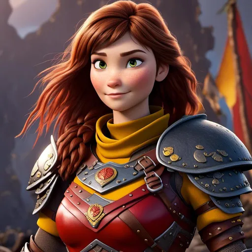 Prompt: <mymodel>CGI Animation of a viking female, brown hair, hazel eyes, bright red gear and armor, yellow highlights and textures, intricate details, high quality, digital painting, cool tones, dramatic lighting