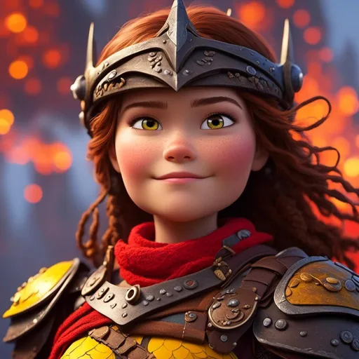 Prompt: <mymodel>CGI Animation of a viking female, brown hair, hazel eyes, bright red gear and armor, yellow highlights and textures, intricate details, high quality, digital painting, cool tones, dramatic lighting