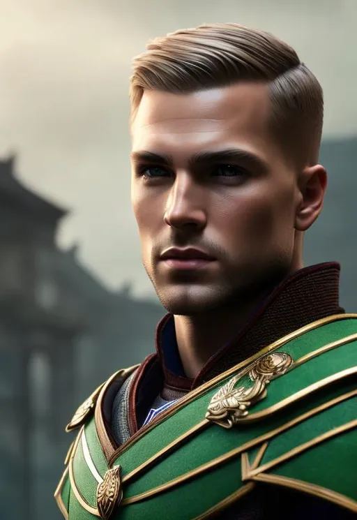 Prompt: he has short brown comb over hair, create most handsome fictional male prince viking warrior, short brown hair, light green eyes, extremely detailed environment, detailed background, intricate, detailed skin, professionally color graded, photorealism, 8k, moody lighting