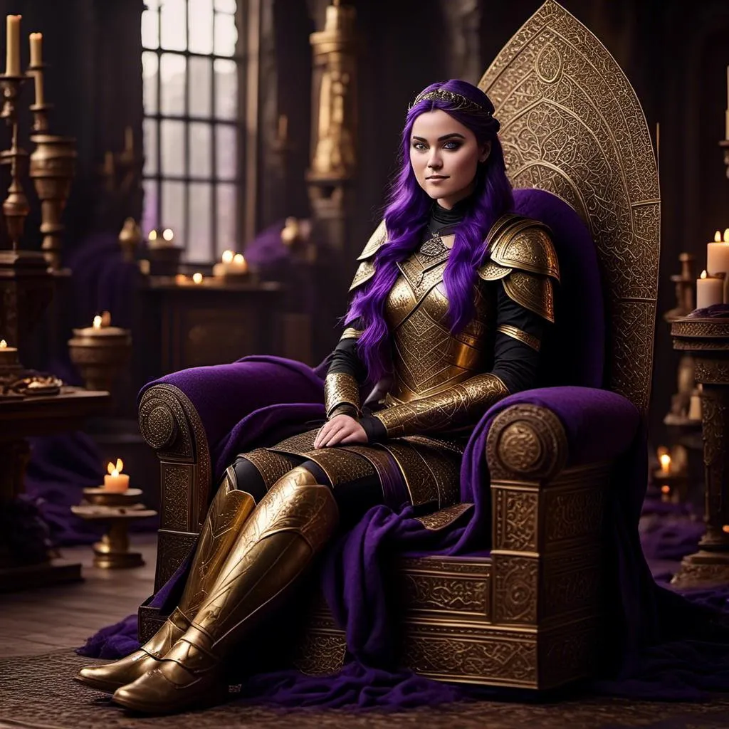 Prompt: A photo of <mymodel> sitting on her throne of her land