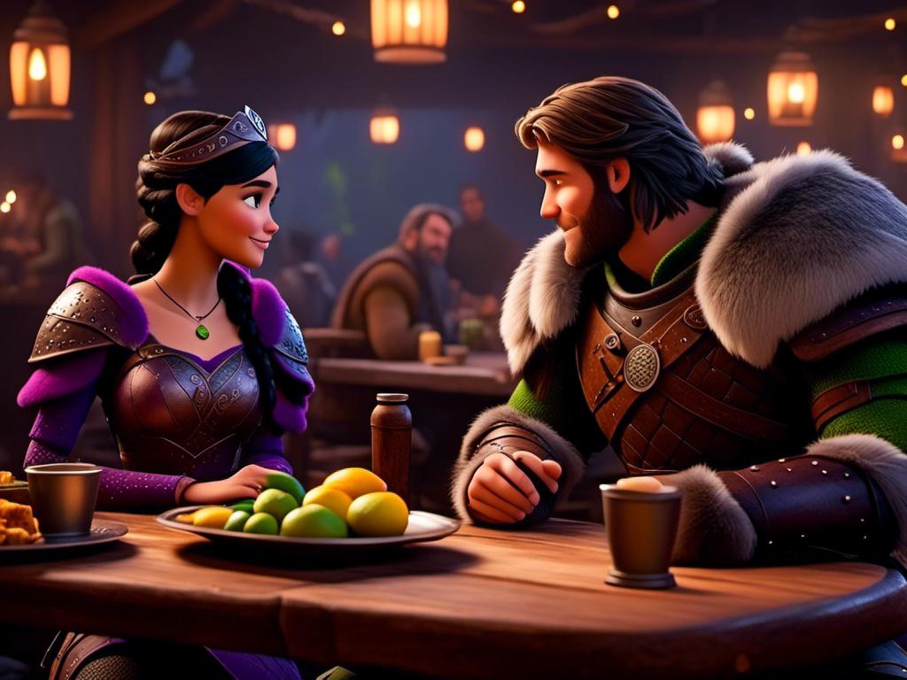 Prompt: <mymodel>CGI Animation, digital art, 20-year-old-old viking woman of royalty standing a busy tavern having a meal with her husband Jarl, Jarl is clean shaven, {{the woman has purple armor}}, black hair, straight hair with a tiara, subtle smile, Jarl has green armor and brown gear, unreal engine 8k octane, 3d lighting, close up camera shot on the face, full armor