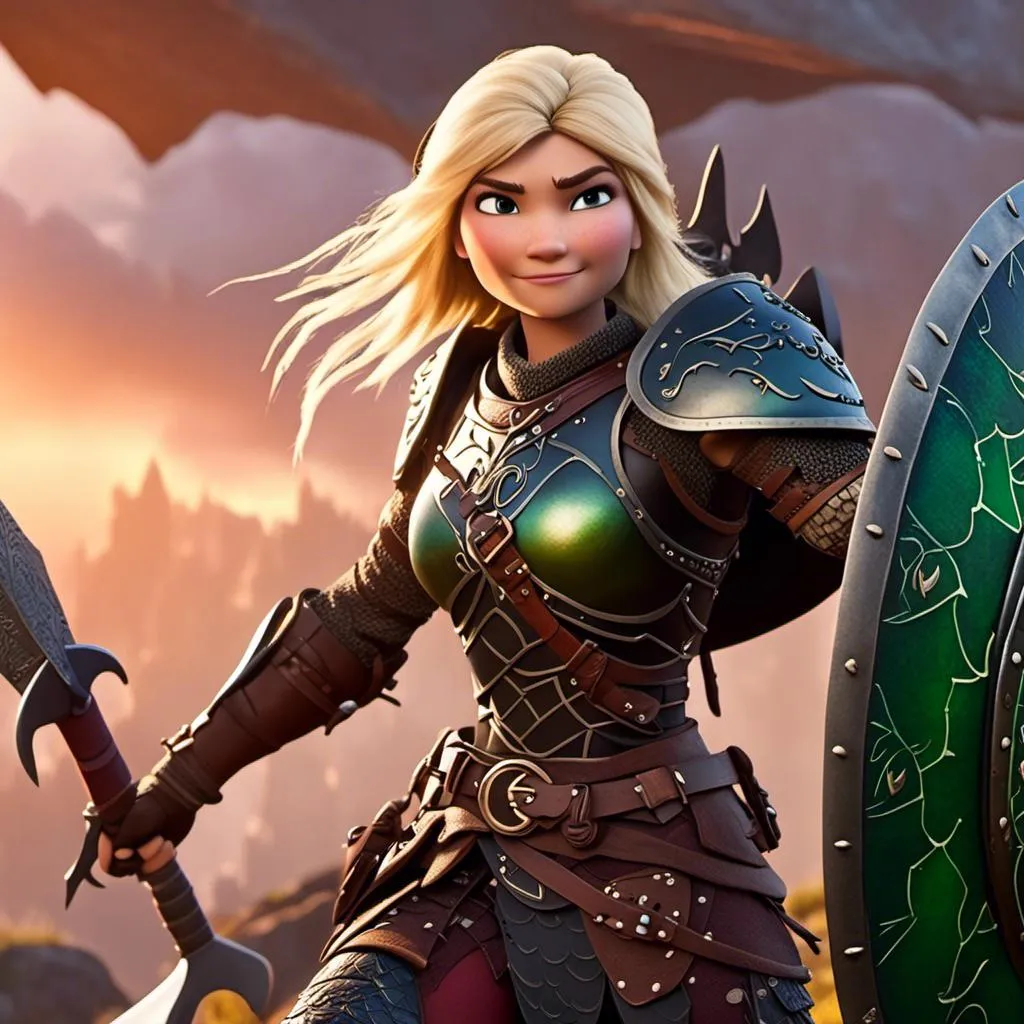 Prompt: <mymodel>Animated CGI style of a fierce Caucasian white Viking female about 25 years old, blond hair, detailed facial features, leather armor red and green colors, battle axe and shield, intense and determined expression, dynamic and powerful pose, high definition, CGI, detailed armor, fierce female, Nordic designs, battle-ready, dynamic pose, professional lighting