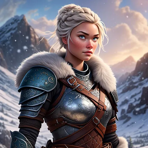 Prompt: <mymodel>digital art style of a fierce viking female warrior, detailed braided hair and battle scars, rugged and weathered armor, intense and determined gaze, snowy and rugged landscape, , fierce, warrior, detailed hair, battle scars, snowy landscape, intense gaze, weathered armor, dramatic lighting