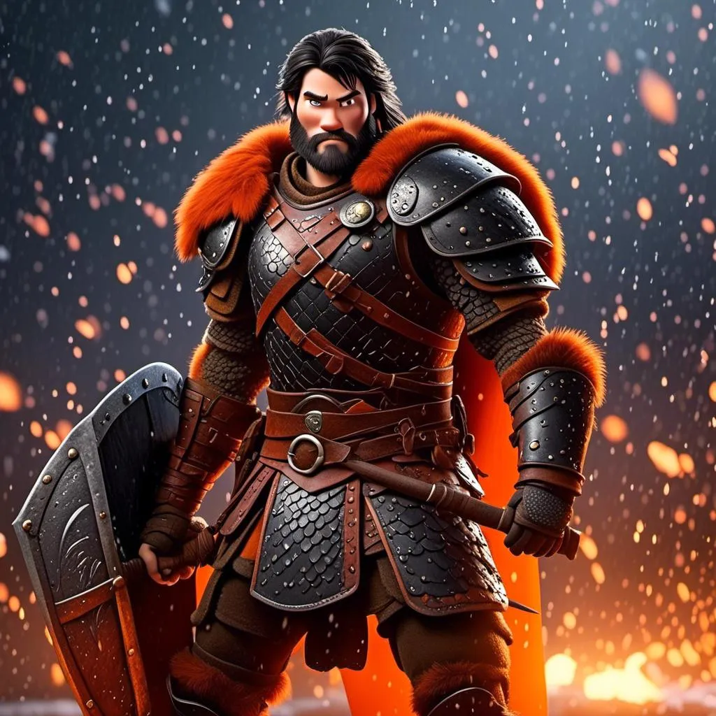 Prompt: <mymodel>Animated CGI style of a fierce Viking male about 25 years old, black hair, detailed facial features, leather armor {{((red))}} and orange armor, battle axe and shield, standing in the rain, intense and determined expression, dynamic and powerful pose, CGI, fierce male, Nordic designs, battle-ready, dynamic pose, professional lighting