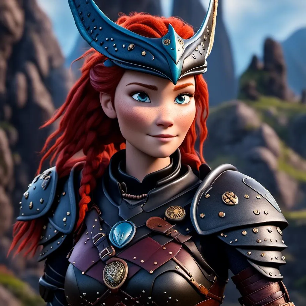 Prompt: <mymodel>CGI Animation of a viking woman of 40 years old, red hair with dreadlocks, blue eyes, all black gear and armor, leather highlights and textures, dragon scale textures and armor, intricate details, high quality, digital painting, cool tones, dramatic lighting