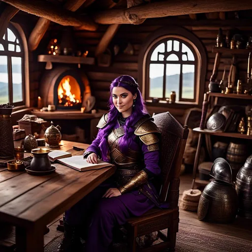 Prompt: Photo of <mymodel> with no armor casually relaxing sitting at a desk in her viking house