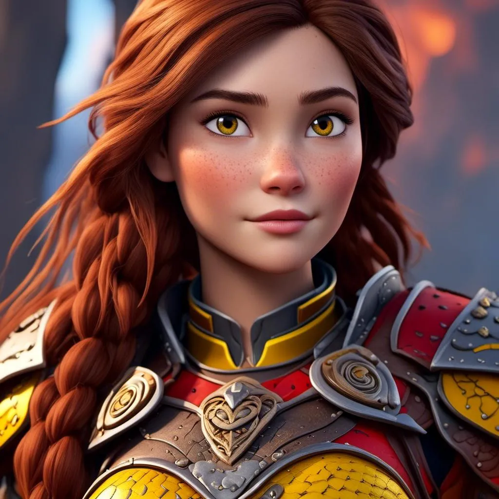 Prompt: <mymodel>CGI Animation of a viking female, brown hair, hazel eyes, bright red gear and armor, yellow highlights and textures, intricate details, high quality, digital painting, cool tones, dramatic lighting