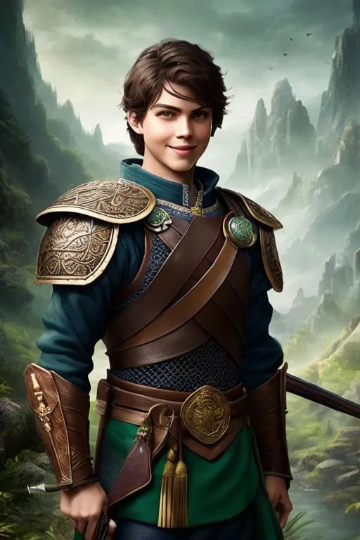 Prompt: he has short brown hair, with a smile, create most handsome fictional male prince viking warrior, short brown hair, light green eyes, extremely detailed environment, detailed background, intricate, detailed skin, professionally color graded, photorealism, 16k, moody lighting