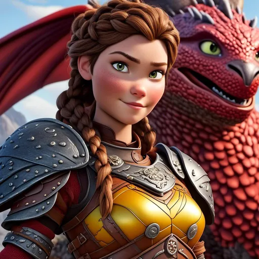 Prompt: <mymodel>CGI Animation of a viking female, brown hair with some braids, hazel eyes, bright red gear and armor, yellow highlights and textures, dragon scale textures and armor, intricate details, high quality, digital painting, cool tones, dramatic lighting