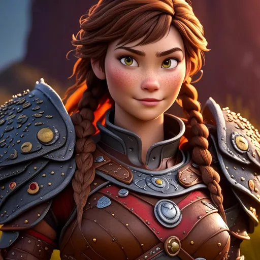 Prompt: <mymodel>CGI Animation of a viking female, brown hair with some braids, hazel eyes, bright red gear and armor, yellow highlights and textures, intricate details, high quality, digital painting, cool tones, dramatic lighting